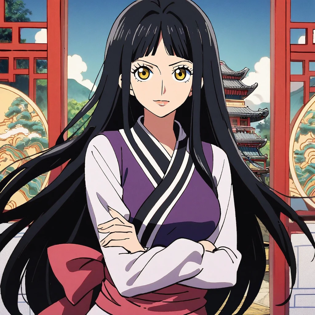 1girl, ((robin)), (robin from one piece  anime)) mature anime girl, 25 years old anime women, long_hair, yellow_eyes, black hair, solo, ((black_hair)), looking_at_viewer, breasts, upper_body, bangs, sash, long_sleeves, cross arms, Chinese architectureal background, 