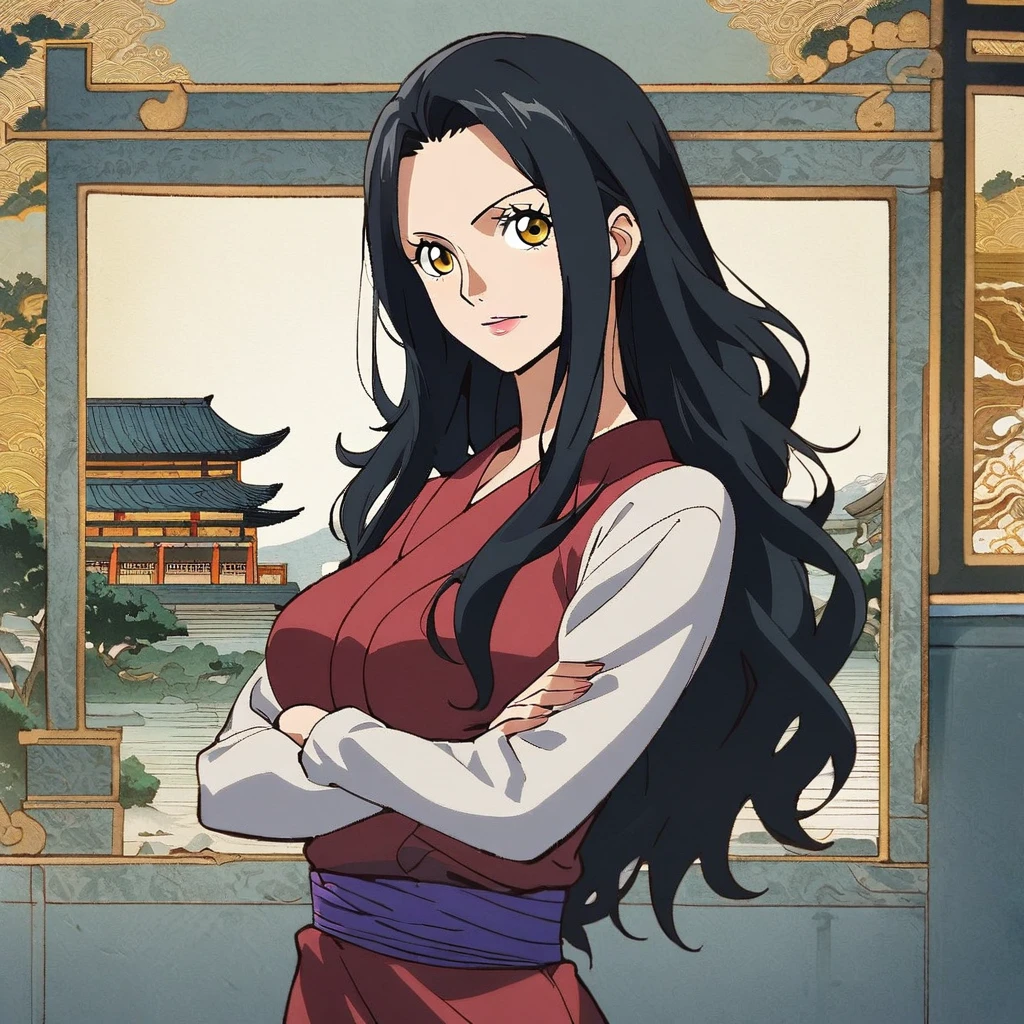 1girl, ((robin)), (robin from one piece  anime)) mature anime girl, 25 years old anime women, long_hair, yellow_eyes, black hair, solo, ((black_hair)), looking_at_viewer, breasts, upper_body, bangs, sash, long_sleeves, cross arms, Chinese architectureal background, 