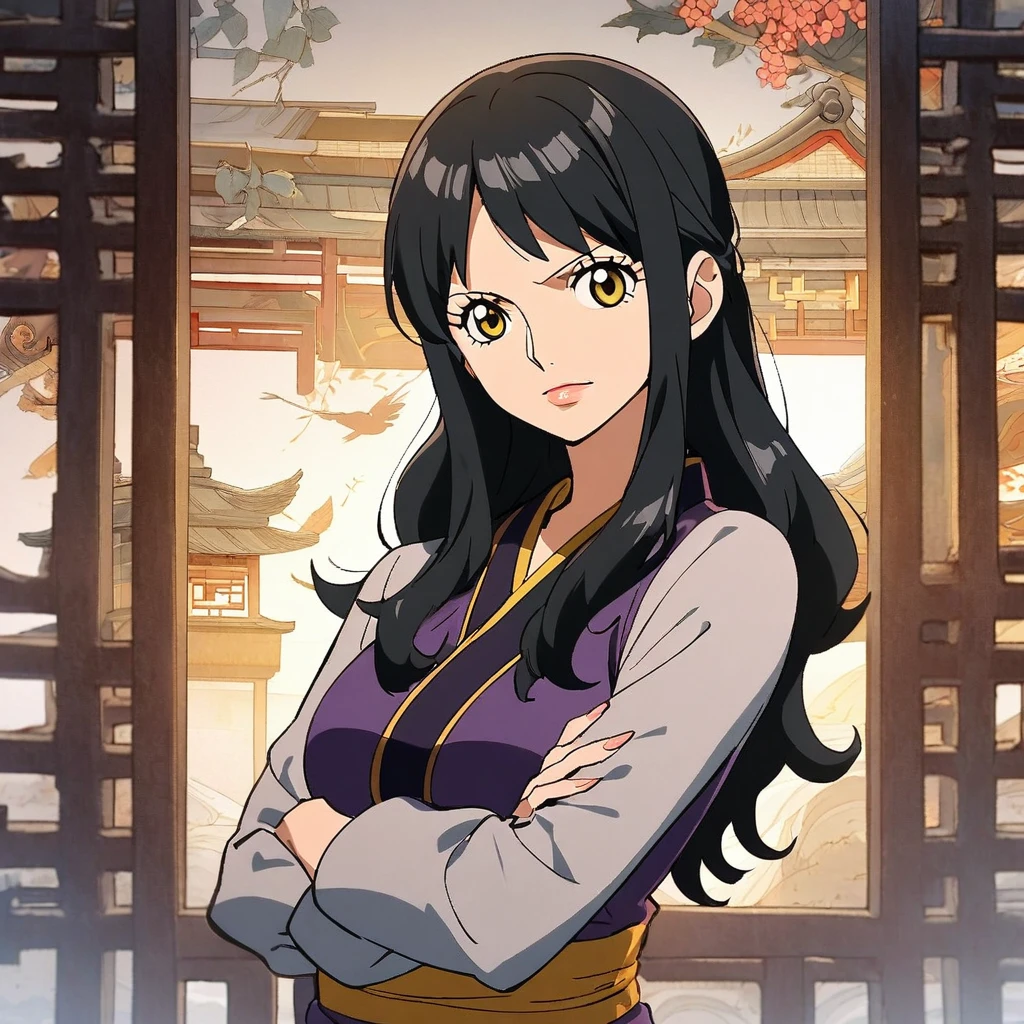 1girl, ((robin)), (robin from one piece  anime)) mature anime girl, 25 years old anime women, long_hair, yellow_eyes, black hair, solo, ((black_hair)), looking_at_viewer, breasts, upper_body, bangs, sash, long_sleeves, cross arms, Chinese architectureal background, 