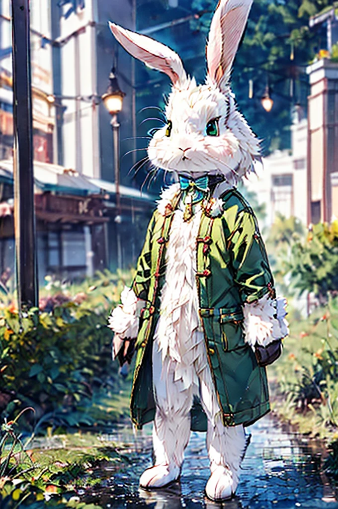 (((male, solo, bunny boy, White fur, elegante fantasy clothes))), elegante clothes, fantay clothes,green eyes, seafoam green clothes, ranger, pixiv, masterpiece, cute, (((fullbody))), male
