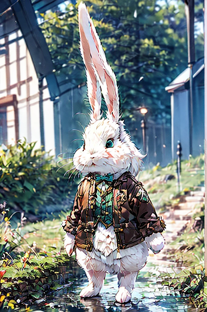 (((male, solo, bunny boy, White fur, elegante fantasy clothes))), elegante clothes, fantay clothes,green eyes, seafoam green clothes, ranger, pixiv, masterpiece, cute, (((fullbody))), male
