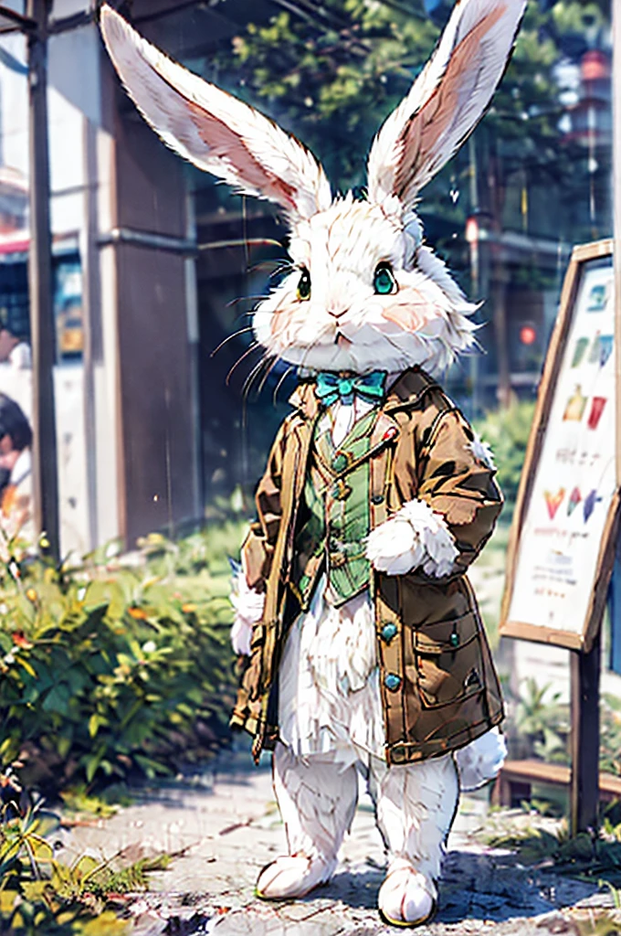 (((male, solo, bunny boy, White fur, elegante fantasy clothes))), elegante clothes, fantay clothes,green eyes, seafoam green clothes, ranger, pixiv, masterpiece, cute, (((fullbody))), male
