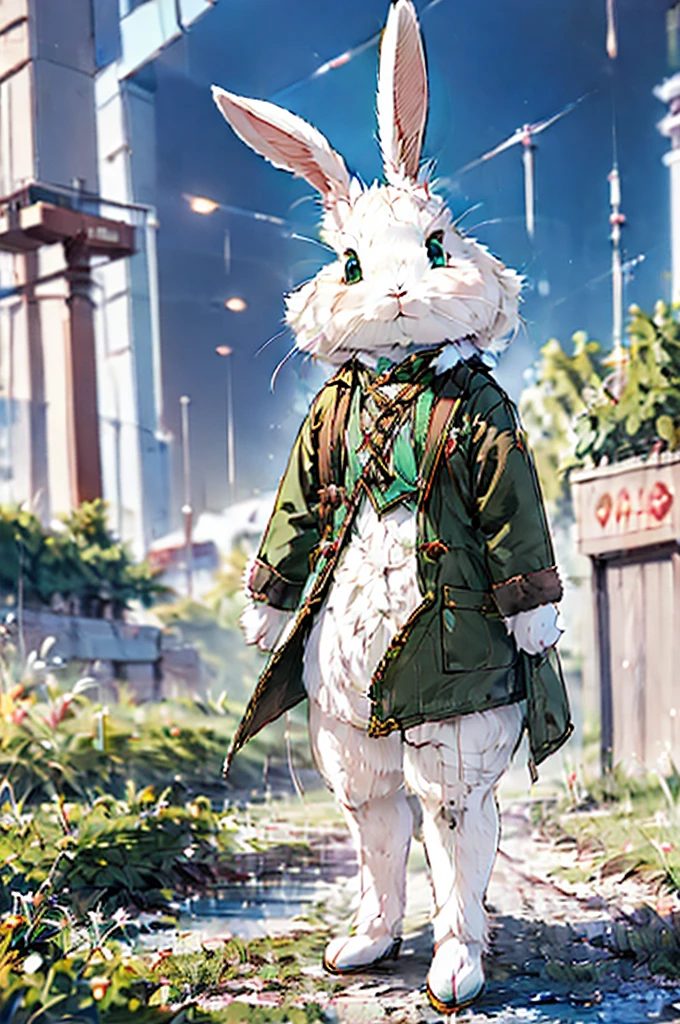 (((male, solo, bunny boy, White fur, elegante fantasy clothes))), elegante clothes, fantay clothes,green eyes, seafoam green clothes, ranger, pixiv, masterpiece, cute, (((fullbody))), male
