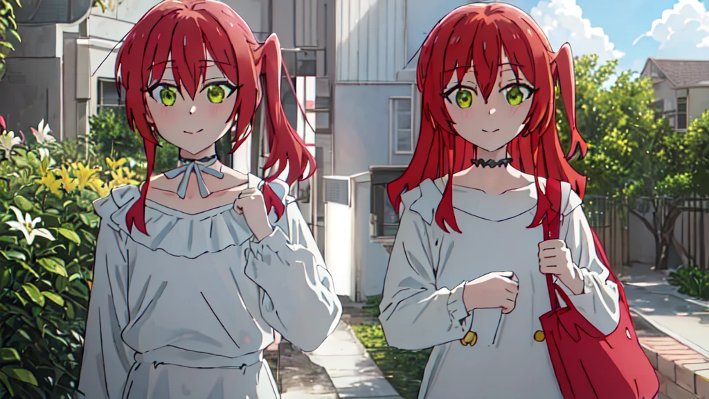 Highest quality, masterpiece, High resolution, alone, {we_It is in it_Bocchi the Rock:1.15}, red_hair, length_hair, 前hair, hair_between_eye, One_~ side_superior, green_eye, smile, 2girl, multiple_girl, yellow_eye, Closed_mouth, Day, Outdoor, ~ side_ponytail, null, alone_concentrated, choker, cloud, blonde_hair, pink_hair, lily