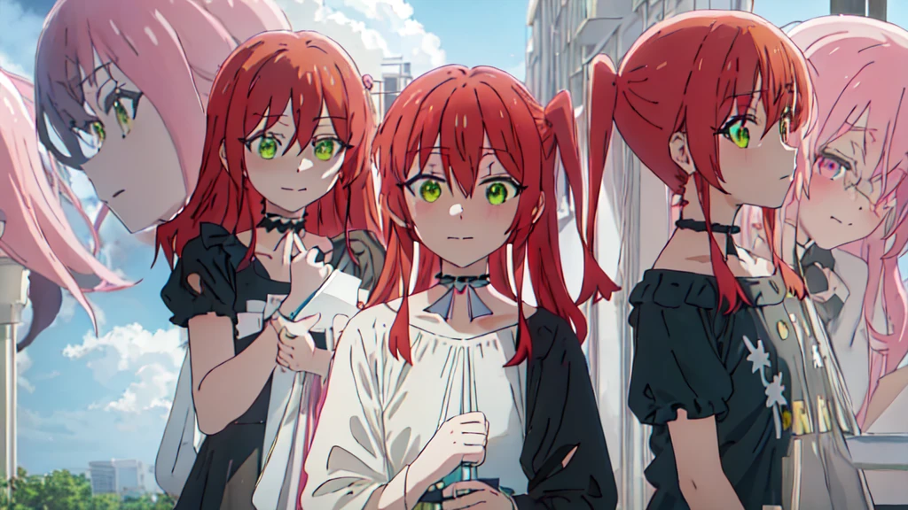 Highest quality, masterpiece, High resolution, alone, {we_It is in it_Bocchi the Rock:1.15}, red_hair, length_hair, 前hair, hair_between_eye, One_~ side_superior, green_eye, smile, 2girl, multiple_girl, yellow_eye, Closed_mouth, Day, Outdoor, ~ side_ponytail, null, alone_concentrated, choker, cloud, blonde_hair, pink_hair, lily