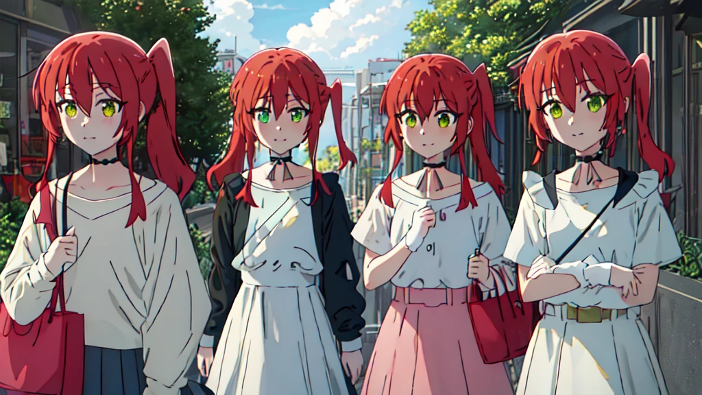 Highest quality, masterpiece, High resolution, alone, {we_It is in it_Bocchi the Rock:1.15}, red_hair, length_hair, 前hair, hair_between_eye, One_~ side_superior, green_eye, smile, 2girl, multiple_girl, yellow_eye, Closed_mouth, Day, Outdoor, ~ side_ponytail, null, alone_concentrated, choker, cloud, blonde_hair, pink_hair, lily