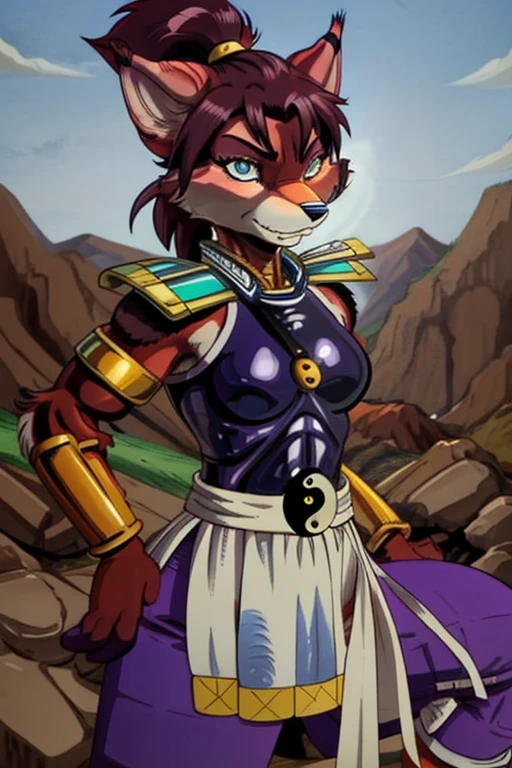 Ninjara_TMNT, fox, furry, solo, crimson fur, crimson body, ponytail, armor, yin yang ,yin yang belt, purple pants, shoulder pads, shoulder armor, steel bracelets, hair tie, Chinese town, blue eyes, best quality, masterpiece 