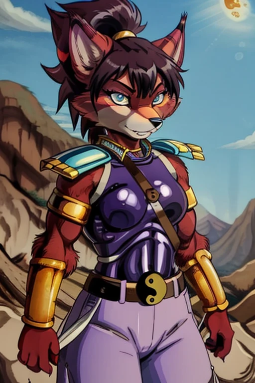 Ninjara_TMNT, fox, furry, solo, crimson fur, crimson body, ponytail, armor, yin yang ,yin yang belt, purple pants, shoulder pads, shoulder armor, steel bracelets, hair tie, Chinese town, blue eyes, best quality, masterpiece 