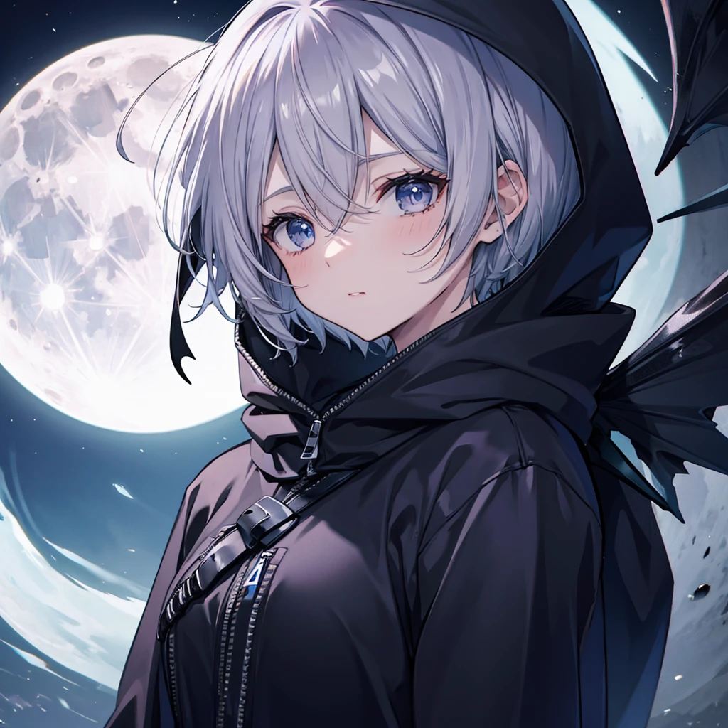 ((((grim Reaper　Inflammation))))　(((Gray Hair　short hair　blue eyes　woman　Center close-up)))，((night　full moon　My own big wings))，(Wearing a hood　Black camisole　Purple light)，　A tense look　Shining Background　Shining Edges