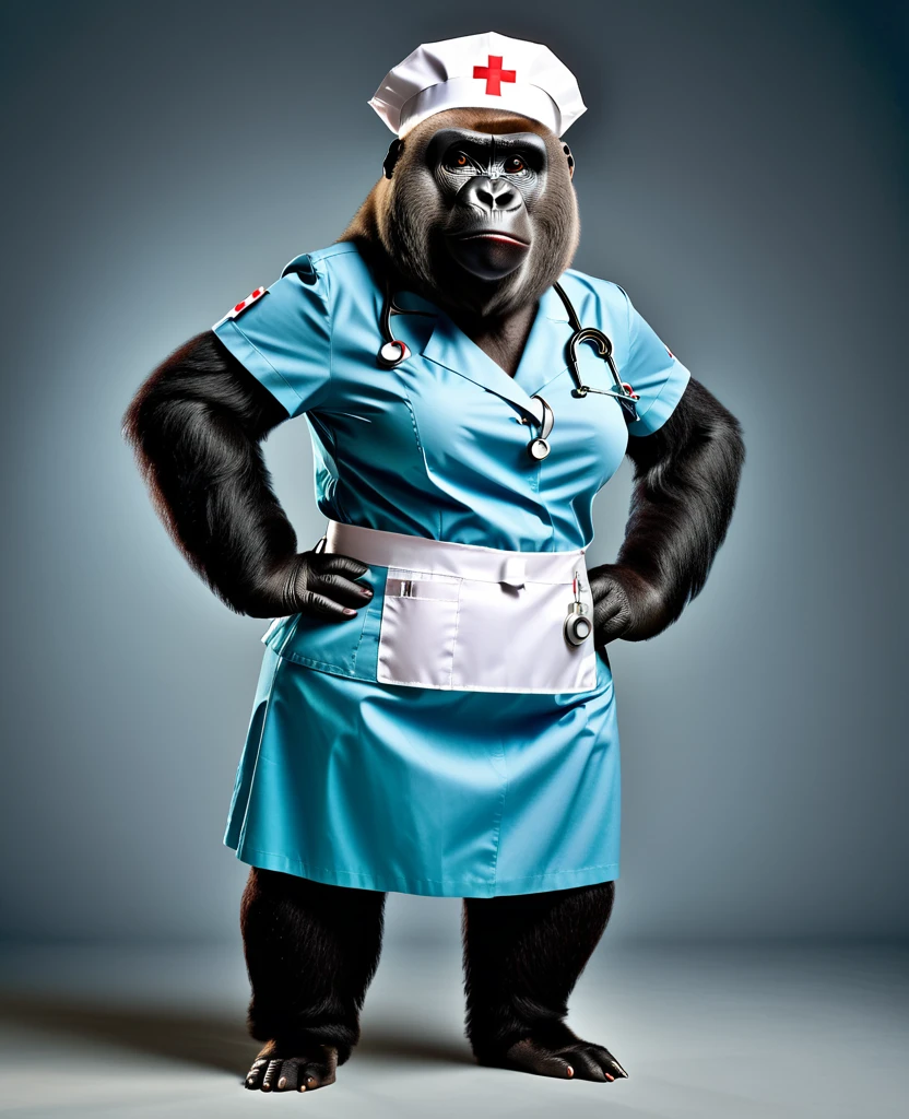 photorealistic portrait of Dressed animals - a ((fat)) gorilla nurse,(hands on hips:1.2),(), high quality,(lovely) ,intricate details, highly detailed (( nurse costume)), wearing nurse cap and skirt , highly detailed medical equipment , (happy), studio lighting,(full body image:2.0),(simple background)