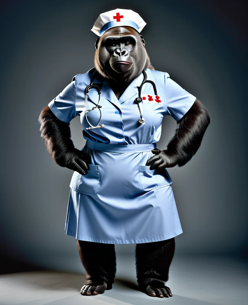 photorealistic portrait of Dressed animals - a ((fat)) gorilla nurse,(hands on hips:1.2),(), high quality,(lovely) ,intricate details, highly detailed (( nurse costume)), wearing nurse cap and skirt , highly detailed medical equipment , (happy), studio lighting,(full body image:2.0),(simple background)