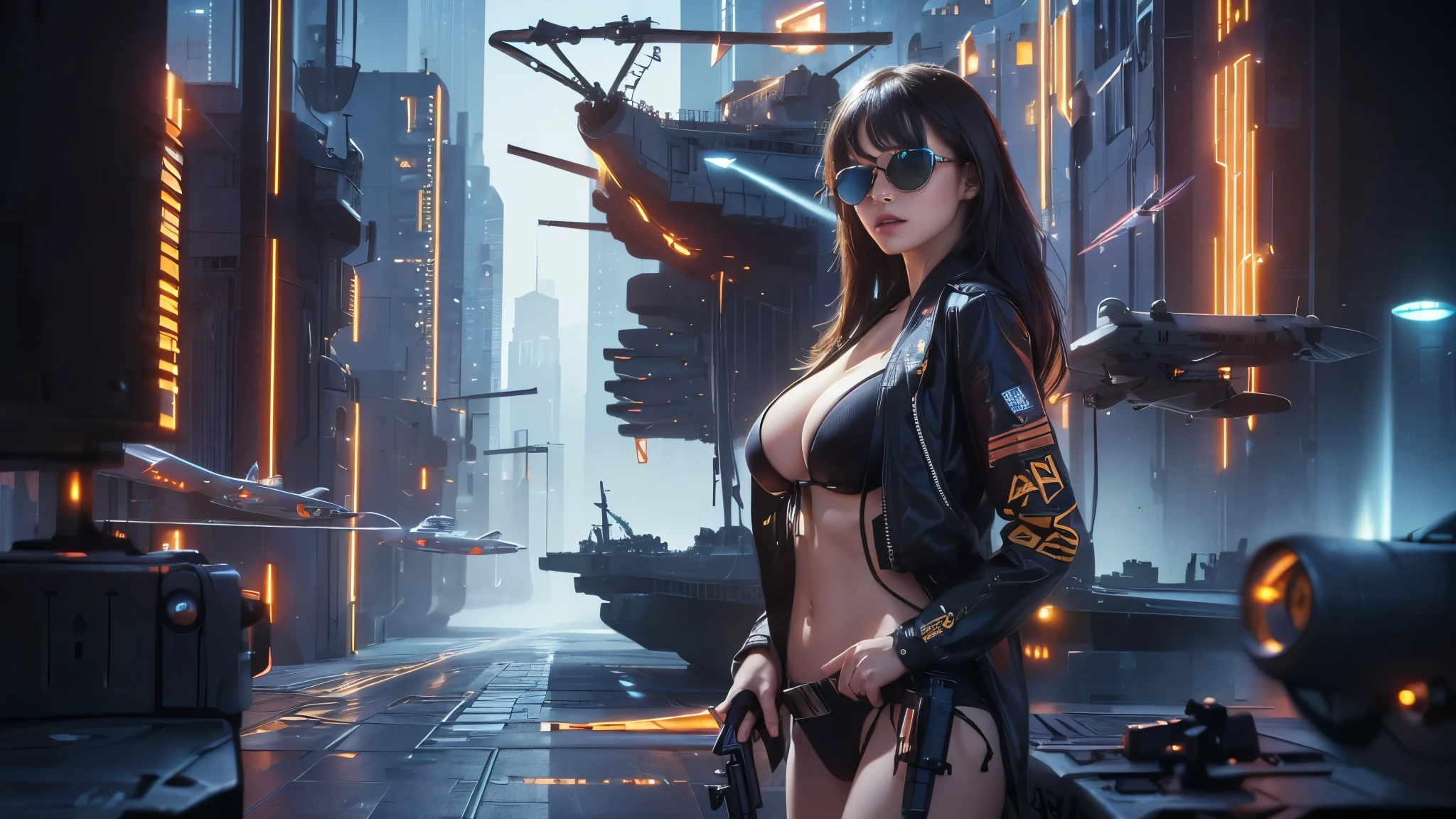 (((a large-breast bikini slim GIRL with black (micro) sunglasses))), (((((aiming at viewer with a pistol))))), a balcony of a futuristic building, aerial view of an ultra-futuristic megalopolis, metal buildings and houses in dark colors from dark blue to black, shades of metal gray, smoky metal structures, industrial environment with smoke and fog around, dark cars on the streets, desert megalopolis, modern metal rails and trains passing through, tall futuristic metal buildings, ultra modern buildings, (((((futuristic aircraft carrier))))), realistic, detailed, sci-fi.