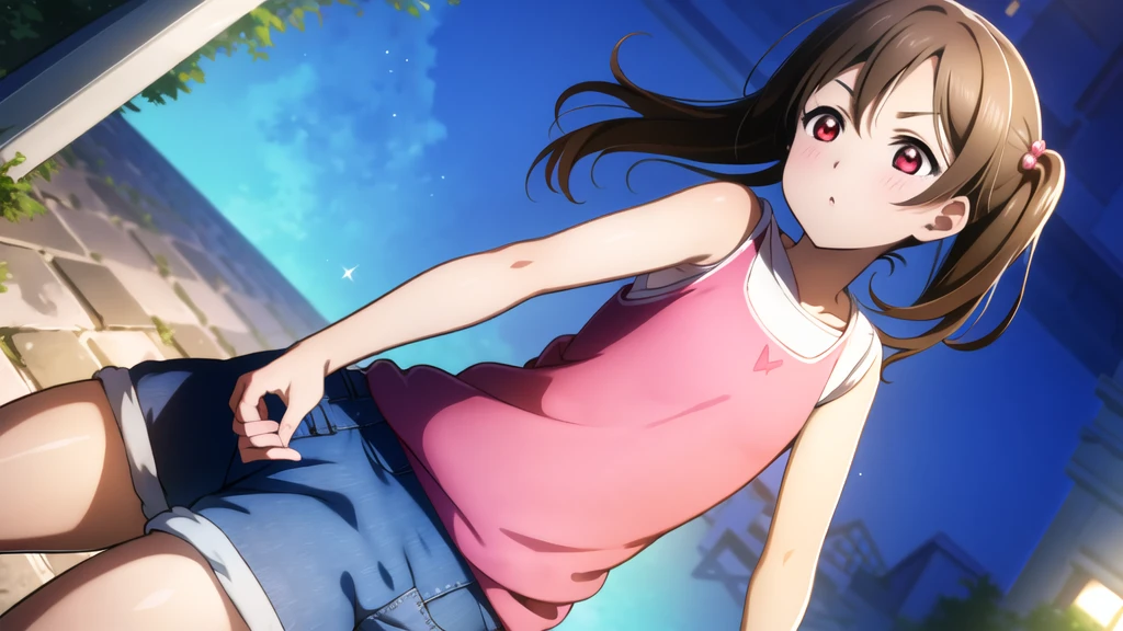 Yazawa nico, Twin tails,Red eyes,((Mid-chest, Tomboy, Small Head)), Dawn, sunlight, (Trained abdominal muscles : 1.1), (Perfect body : 1.1), (Short Wavy Hair : 1.2) , Auburn Hair, collar, Lock, Full Body Shot, Crowded street, Wearing a black tank top, Jeans jacket, ((Shorts)), (Highly detailed CG 8K wallpaper), (Very delicate and beautiful), (masterpiece), (Highest quality:1.0), (ultra High resolution:1.0),  Beautiful lighting ,Perfect Lightning, Realistic Shadows, [High resolution], Detailed skin, Super detailed