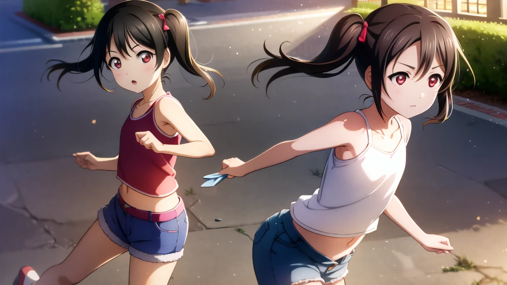 Yazawa nico, Twin tails,Red eyes,((Mid-chest, Tomboy, Small Head)), Dawn, sunlight, (Trained abdominal muscles : 1.1), (Perfect body : 1.1), (Short Wavy Hair : 1.2) , Auburn Hair, collar, Lock, Full Body Shot, Crowded street, Wearing a black tank top, Jeans jacket, ((Shorts)), (Highly detailed CG 8K wallpaper), (Very delicate and beautiful), (masterpiece), (Highest quality:1.0), (ultra High resolution:1.0),  Beautiful lighting ,Perfect Lightning, Realistic Shadows, [High resolution], Detailed skin, Super detailed