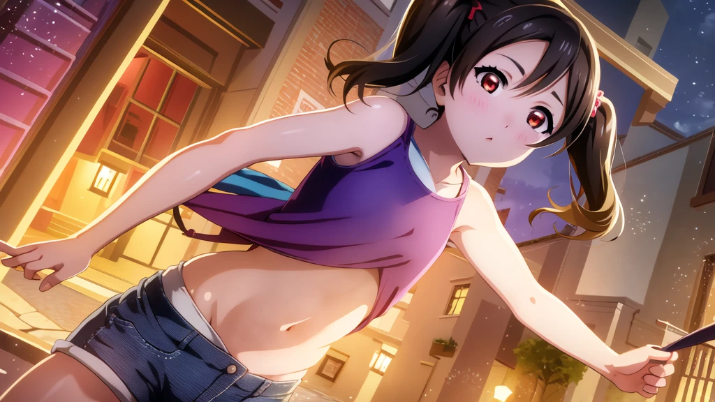 Yazawa nico, Twin tails,Red eyes,((Mid-chest, Tomboy, Small Head)), Dawn, sunlight, (Trained abdominal muscles : 1.1), (Perfect body : 1.1), (Short Wavy Hair : 1.2) , Auburn Hair, collar, Lock, Full Body Shot, Crowded street, Wearing a black tank top, Jeans jacket, ((Shorts)), (Highly detailed CG 8K wallpaper), (Very delicate and beautiful), (masterpiece), (Highest quality:1.0), (ultra High resolution:1.0),  Beautiful lighting ,Perfect Lightning, Realistic Shadows, [High resolution], Detailed skin, Super detailed