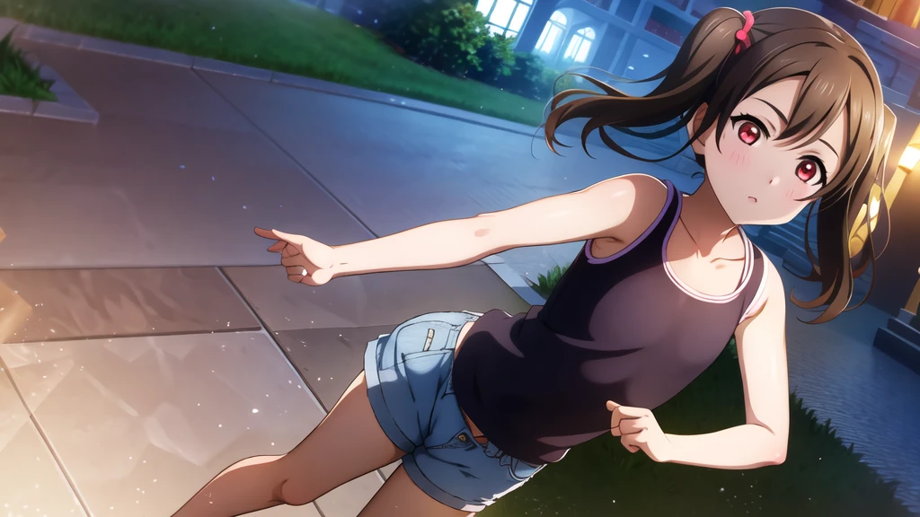 Yazawa nico, Twin tails,Red eyes,((Mid-chest, Tomboy, Small Head)), Dawn, sunlight, (Trained abdominal muscles : 1.1), (Perfect body : 1.1), (Short Wavy Hair : 1.2) , Auburn Hair, collar, Lock, Full Body Shot, Crowded street, Wearing a black tank top, Jeans jacket, ((Shorts)), (Highly detailed CG 8K wallpaper), (Very delicate and beautiful), (masterpiece), (Highest quality:1.0), (ultra High resolution:1.0),  Beautiful lighting ,Perfect Lightning, Realistic Shadows, [High resolution], Detailed skin, Super detailed