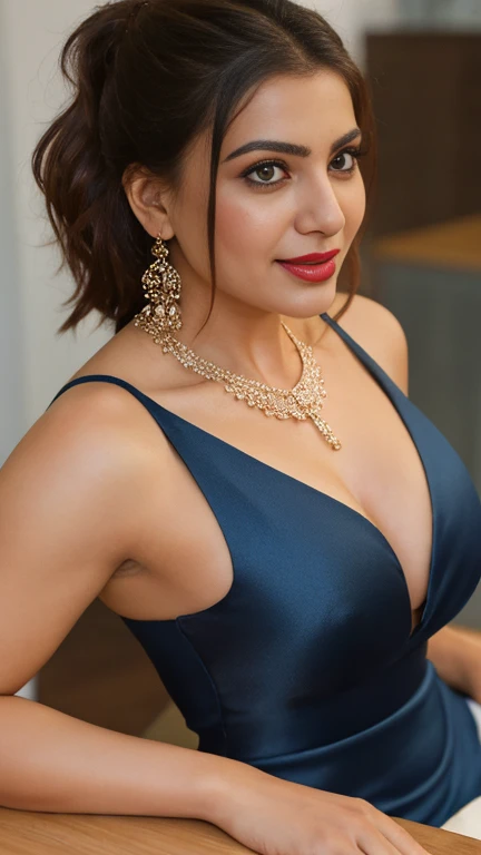 extreme close up photo of 30 years old naked indian, hourglass figure, swooping breasts, deep cleavage, curvy, armpits, seductive eyes, ass, look at viewer lusciously, subtle smile, doing push ups hold onto a table in office, necklace, blue satin silk strapless dress, red lips, sultry, ponytail, 4K, HD