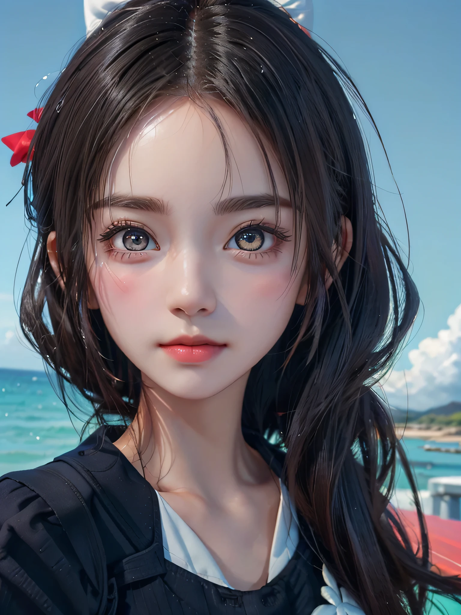 One Girl,(1人のとてもcute女の子:1.3),masterpiece,Highest quality,High resolution,Photorealistic,RAW Photos,Ray Tracing,beautiful girl,(15 years old:1.3),cute,Big eyes,(detailed pupils:1.2),(The face is facing straight ahead:1.3),Body facing forward,Beautiful nose,Fuller lips,Short black hair,ponytail,short hair,Detailed eyelashes,Thin eyebrows,Very fine grain definition,(Symmetrical eyes:1.3),(Face close-up,Face Focus:1.0),Small breasts,Short neck,,Sailor suit,The background is the sea,Southern Island,Blue sky,White cloud,Portrait,View Viewer,Upper Body,Cinema Lighting,High resolution,Very detailed