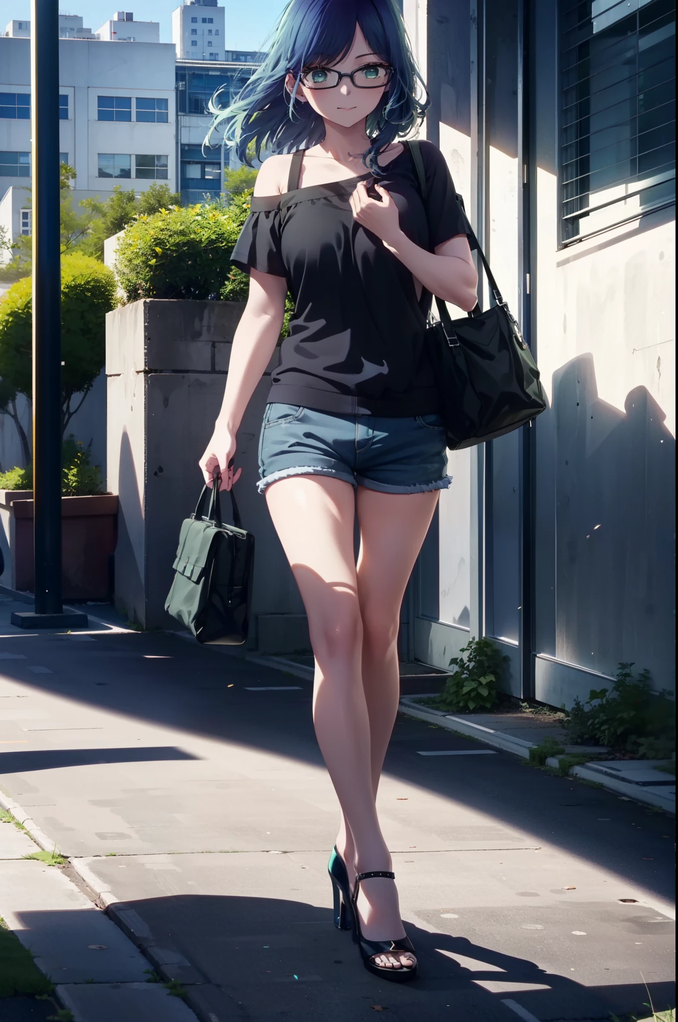 akanekurokawa, akane kurokawa, bangs, (Green Eyes:1.3), Blue Hair, Long Hair, dark Blue Hair,smile,Black-rimmed glasses,Cold shoulder tops,Short sleeve,Shorts,Stiletto heels,Walking,Daytime,Clear skies,whole bodyがイラストに入るように,
break outdoors, School,courtyard,
break looking at viewer, whole body,
break (masterpiece:1.2), Highest quality, High resolution, unity 8k wallpaper, (figure:0.8), (Beautiful attention to detail:1.6), Highly detailed face, Perfect lighting, Highly detailed CG, (Perfect hands, Perfect Anatomy),