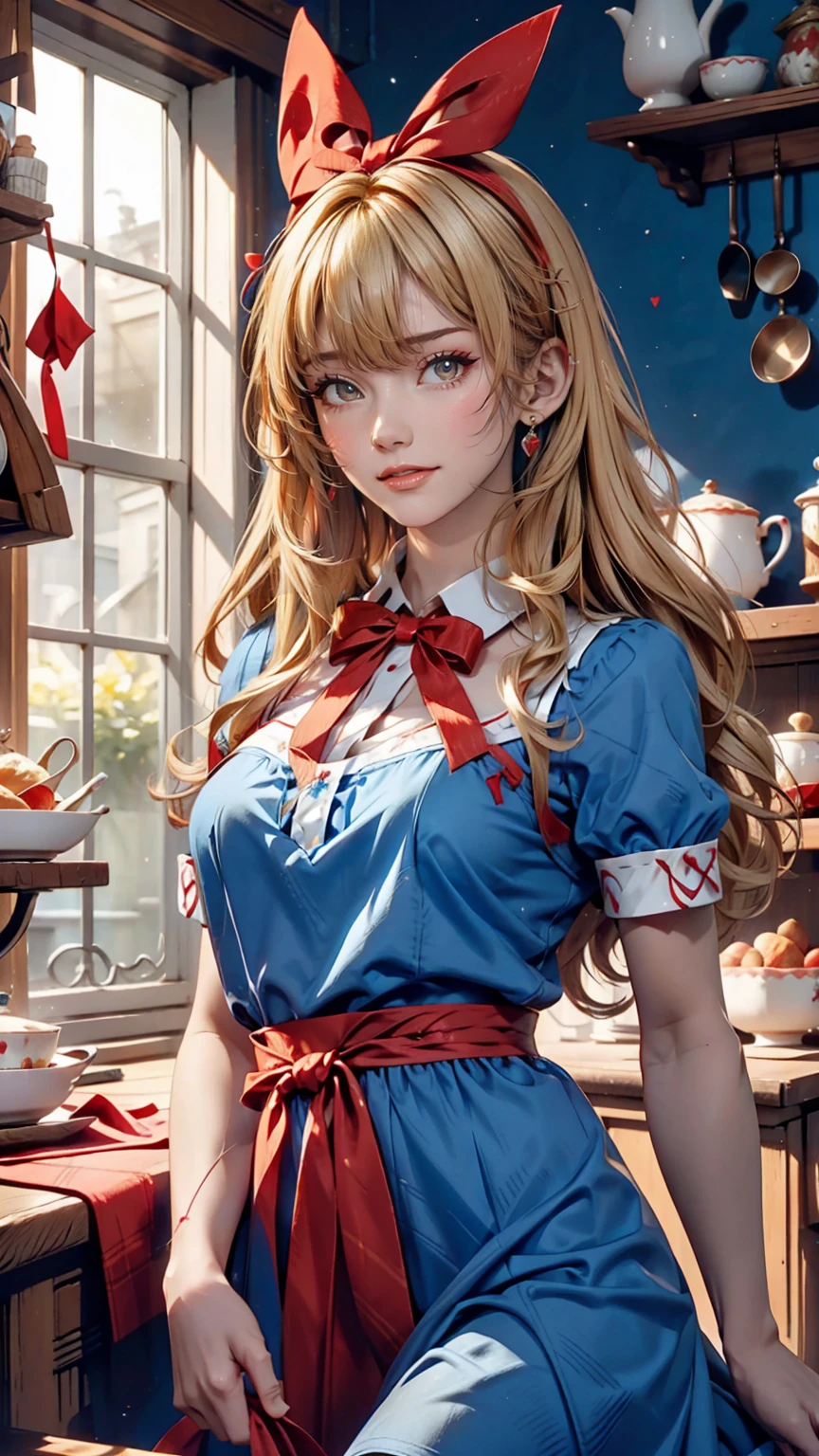 Alice in Wonderland、Wear a blue apron dress、Blonde、long hair、Hair becomes wavy、Put a big red ribbon on your head