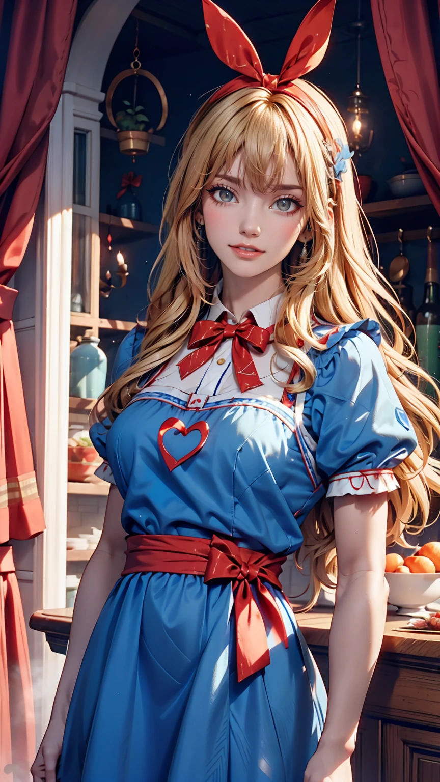 Alice in Wonderland、Wear a blue apron dress、Blonde、long hair、Hair becomes wavy、Put a big red ribbon on your head