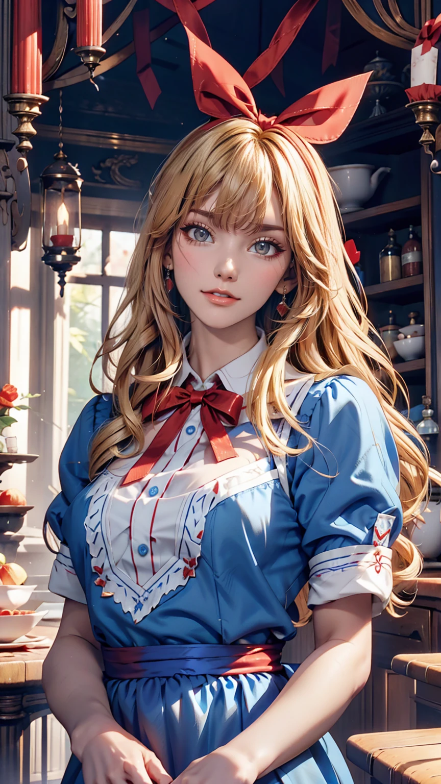 Alice in Wonderland、Wear a blue apron dress、Blonde、long hair、Hair becomes wavy、Put a big red ribbon on your head