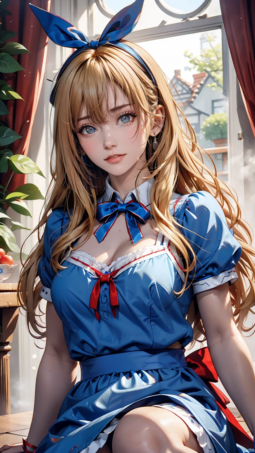 Alice in Wonderland、Wear a blue apron dress、Blonde、long hair、Hair becomes wavy、Put a big red ribbon on your head