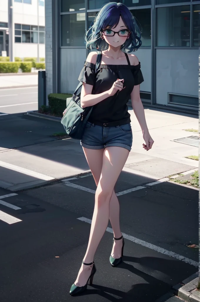 akanekurokawa, akane kurokawa, bangs, (Green Eyes:1.3), Blue Hair, Long Hair, dark Blue Hair,smile,Black-rimmed glasses,Cold shoulder tops,Short sleeve,Shorts,Stiletto heels,Walking,Daytime,Clear skies,whole bodyがイラストに入るように,
break outdoors, School,courtyard,
break looking at viewer, whole body,
break (masterpiece:1.2), Highest quality, High resolution, unity 8k wallpaper, (figure:0.8), (Beautiful attention to detail:1.6), Highly detailed face, Perfect lighting, Highly detailed CG, (Perfect hands, Perfect Anatomy),