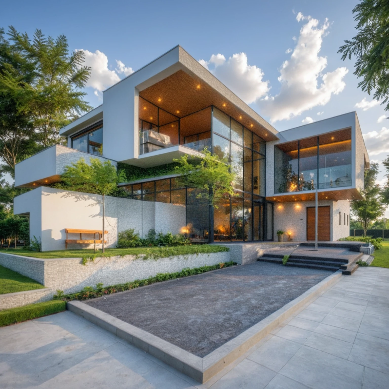 Masterpiece, 4k pixel, high quality, best quality, authentic, super detail, outdoors, onestoreyvillaXL, aiaigroup, house style modern on the street ,stairs, white wall ,road,pavement, grass, trees, sky, cloud, (daylight:1.1)
