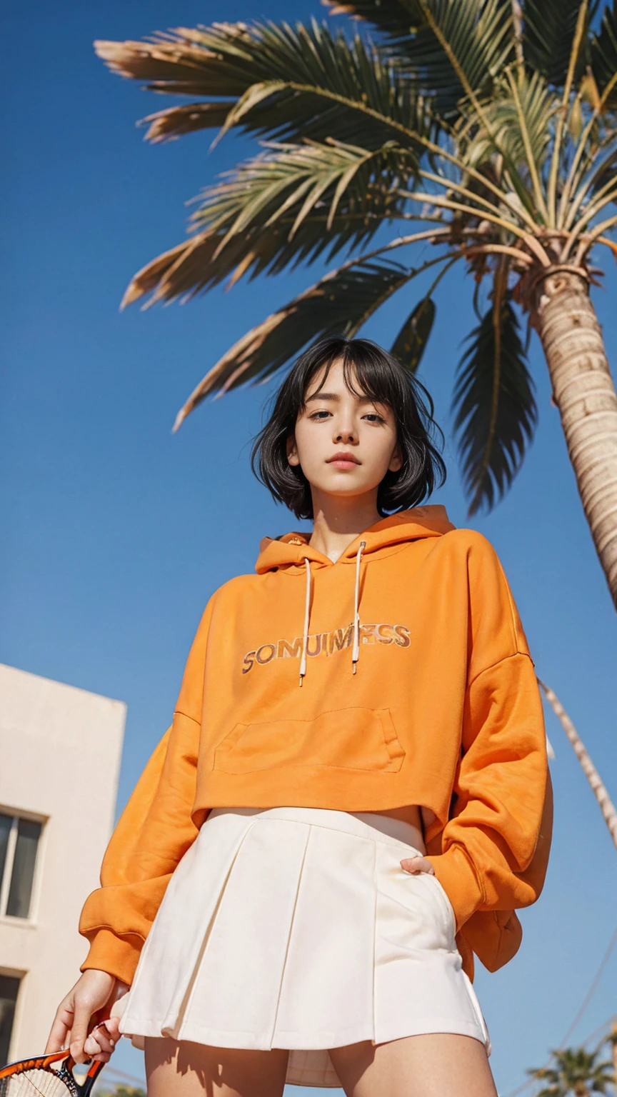 1 girl, wear ((orange oversized hoodie)), wear (purple tennis skirt),Best Quality,Masterpiece,Ultra High Resolution,(Realisticity:1.4),Original Photo, 1Girl, light leak,ultra high resolution,UHD,beautiful, black bob hair, almond eye, no makeup, in front of 80's mondrian architecture motel, (from below:1.3), (realistic:1.2), (surreal:1.3), (very detailed:1.1), ((masterpiece)),summer, blue sky, palm trees,sunny, los angles vibes