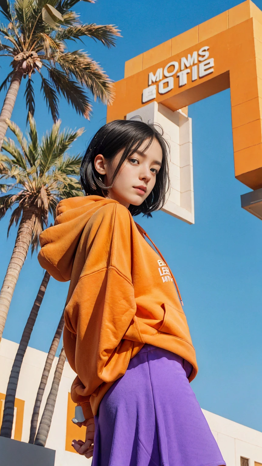 1 girl, wear ((orange oversized hoodie)), wear (purple tennis skirt),Best Quality,Masterpiece,Ultra High Resolution,(Realisticity:1.4),Original Photo, 1Girl, light leak,ultra high resolution,UHD,beautiful, black bob hair, almond eye, no makeup, in front of 80's mondrian architecture motel, (from below:1.3), (realistic:1.2), (surreal:1.3), (very detailed:1.1), ((masterpiece)),summer, blue sky, palm trees,sunny, los angles vibes