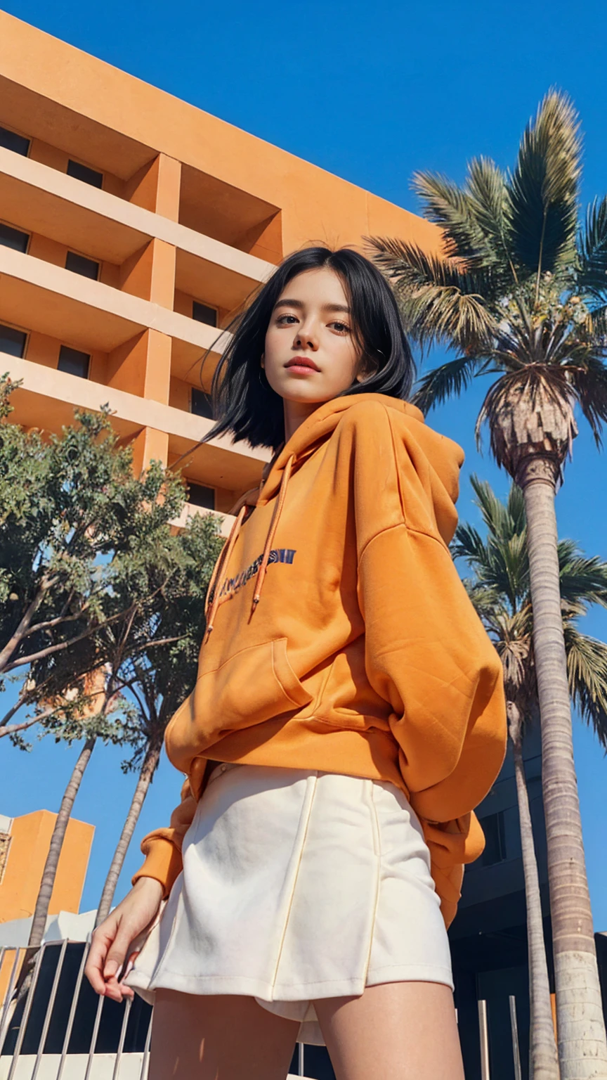 1 girl, wear ((orange oversized hoodie)), wear (purple tennis skirt),Best Quality,Masterpiece,Ultra High Resolution,(Realisticity:1.4),Original Photo, 1Girl, light leak,ultra high resolution,UHD,beautiful, black bob hair, almond eye, no makeup, in front of 80's mondrian architecture motel, (from below:1.3), (realistic:1.2), (surreal:1.3), (very detailed:1.1), ((masterpiece)),summer, blue sky, palm trees,sunny, los angles vibes