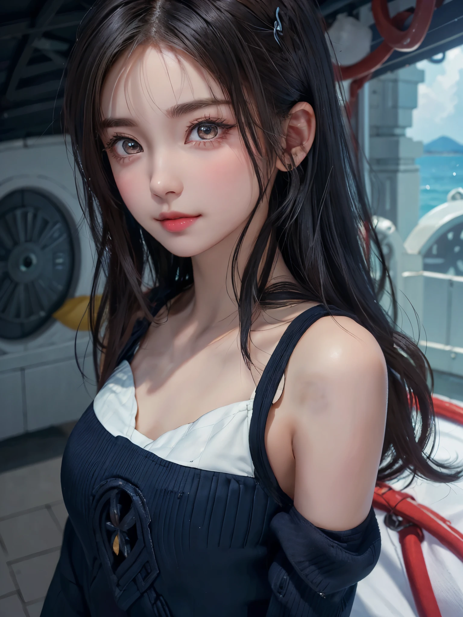 One Girl，(1人のとてもcute女の子:1.3)，masterpiece，Highest quality，High resolution，Photorealistic，RAW Photos，Ray Tracing，beautiful girl，(15 years old:1.3)，cute，Big eyes，(detailed pupils:1.2)，(The face is facing straight ahead:1.3)，Body facing forward，Beautiful nose，Fuller lips，Short black hair，ponytail，short hair，Detailed eyelashes，Thin eyebrows，Very fine grain definition，(Symmetrical eyes:1.3)，(Face close-up，Face Focus:1.0)，Small breasts，Short neck，，Sailor suit，The background is the sea，Southern Island，Blue sky，White cloud，Portrait，View Viewer，Upper Body，Cinema Lighting，High resolution，Very detailed