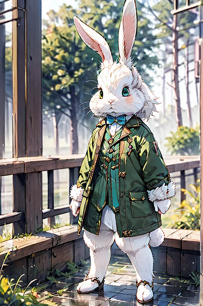 (((male, solo, bunny boy, White fur, elegante fantasy clothes))), elegante clothes, fantay clothes,green eyes, seafoam green clothes, ranger, pixiv, masterpiece, cute, (((fullbody))), male
