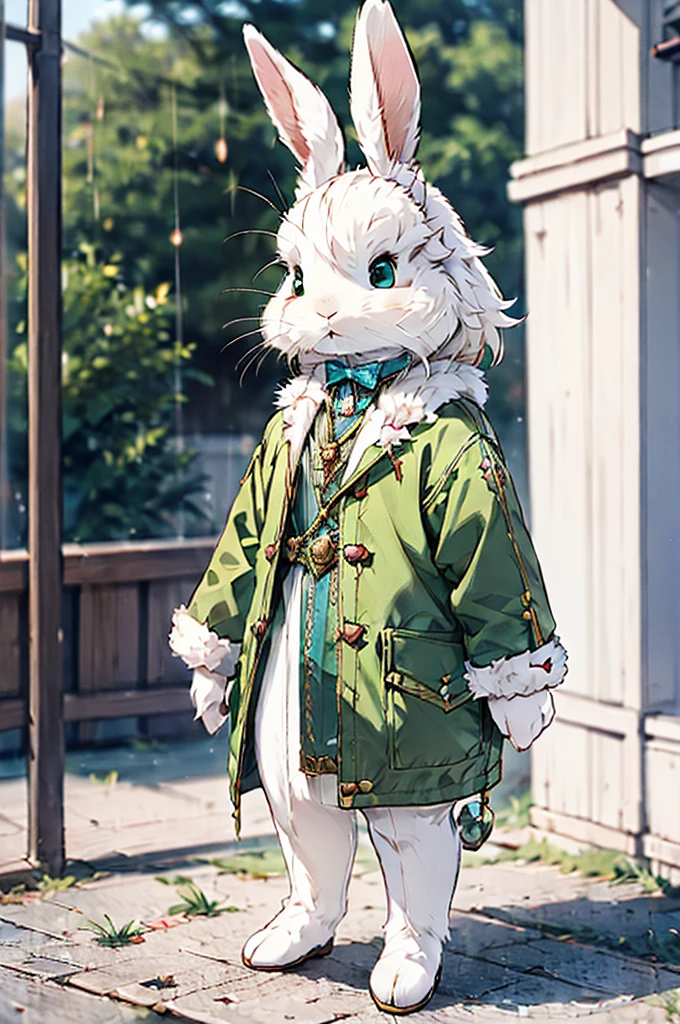 (((male, solo, bunny boy, White fur, elegante fantasy clothes))), elegante clothes, fantay clothes,green eyes, seafoam green clothes, ranger, pixiv, masterpiece, cute, (((fullbody))), male
