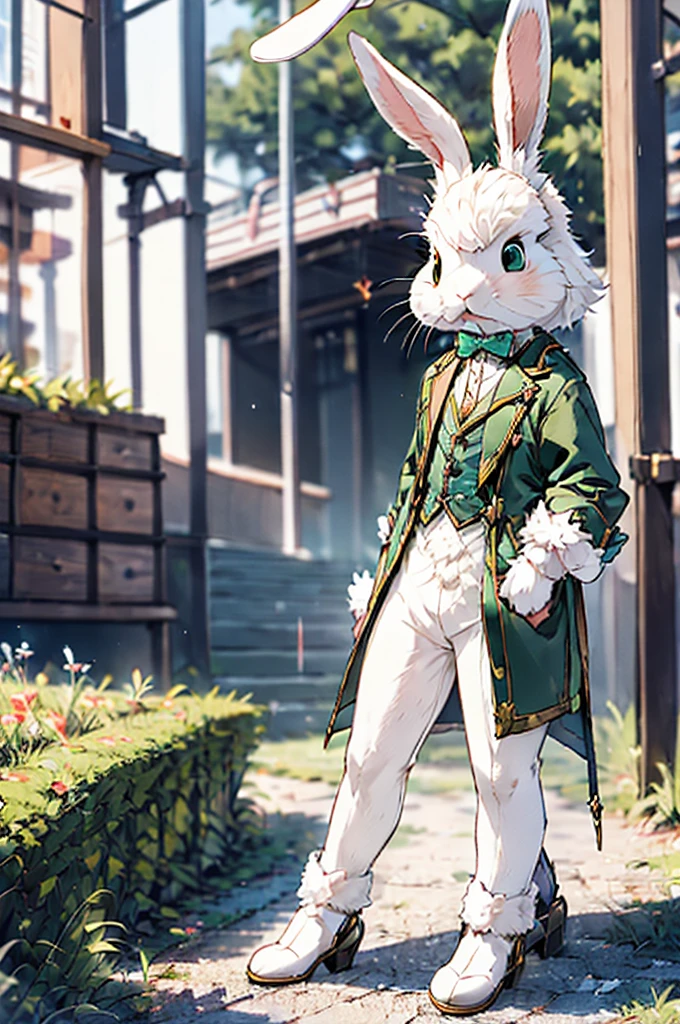 (((male, solo, bunny boy, White fur, elegante fantasy clothes))), elegante clothes, fantay clothes,green eyes, seafoam green clothes, ranger, pixiv, masterpiece, cute, (((fullbody))), male
