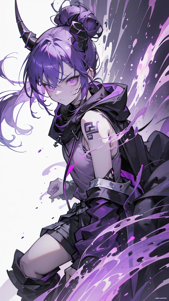 boy. thoughtful look. open forehead. black and purple hair tied in a bun on the left side to one side. sinuous black horns wrapped in dark purple ribbon. pale violet eyes. in short dark purple shorts. long white T-shirt. dark purple knee-high socks. dark_purple long coat with hood. древние dark_purple stone dungeon walls. purple light from lamps on the ceiling beams