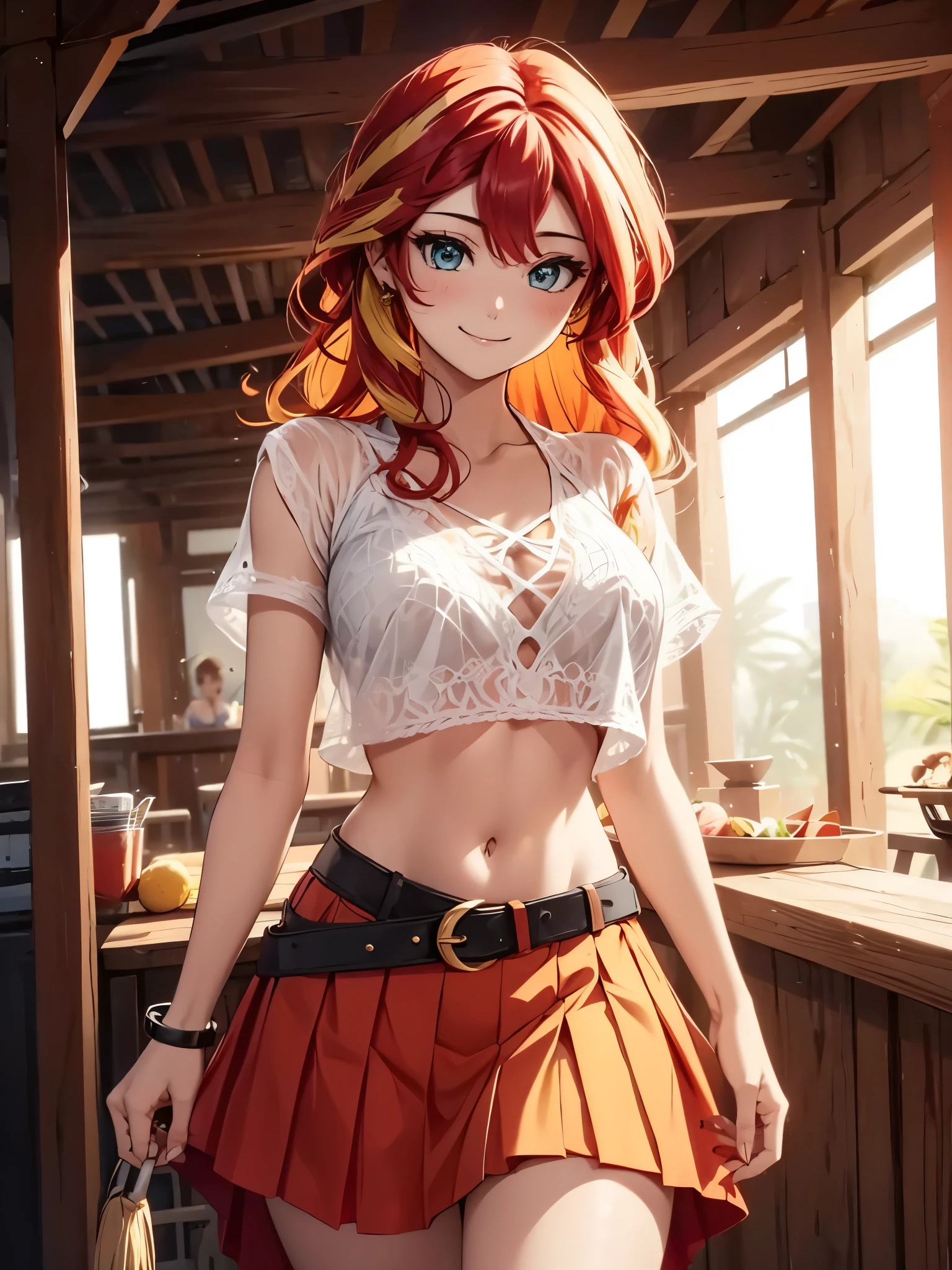 sunsethuman, female, two tones of hair, red and yellow hair, smiling, medium breasts, bar, white crochet shirt, crop top overhang, pleated skirt, collarbone, cowboy shot