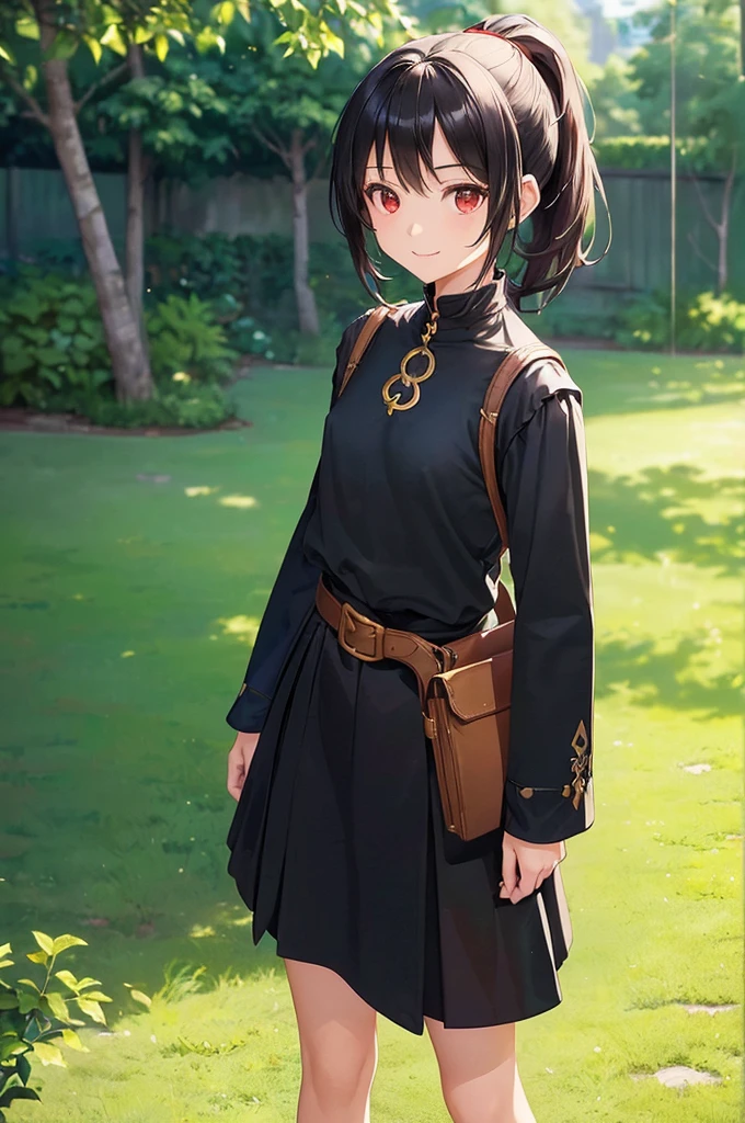 (masterpiece; best quality: 1.2), (finely detailed eyes: 1.3), ((10 year old female kid)), ((solo)), (red eyes: 1.4), (body; short, slender, very small breasts: 1.3), (black hair in ponytail: 1.3), (beautiful and clear background: 1.2), ((depth of field)), (clothes: wanderer mage attire + white-and-gold wide-sleeve high-neck shirt + long black skirt + belts + traveler pouches and satchel: 1.3), (anime illustration: 1.2), (background; garden exterior: 1.1), (extremely fine and beautiful: 1.1), (shot composition; standing + centered on torso + close-up: 1.5), (expression; calm, smile: 1.2)