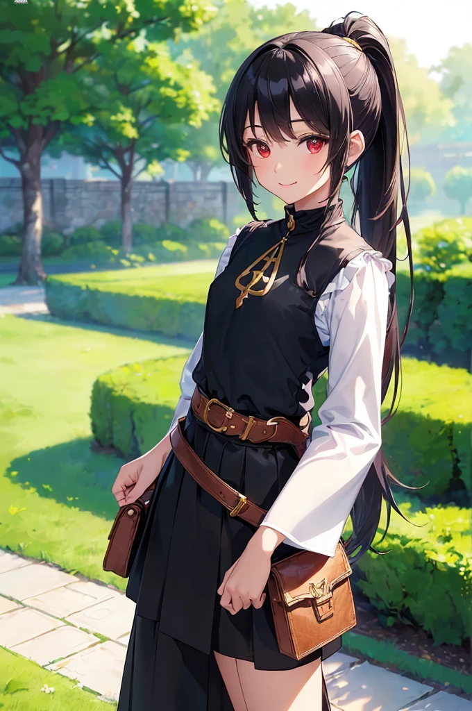 (masterpiece; best quality: 1.2), (finely detailed eyes: 1.3), ((10 year old female ???)), ((solo)), (red eyes: 1.4), (body; short, slender, very small breasts: 1.3), (black hair in ponytail: 1.3), (beautiful and clear background: 1.2), ((depth of field)), (clothes: wanderer mage attire + white-and-gold wide-sleeve high-neck shirt + long black skirt + belts + traveler pouches and satchel: 1.3), (anime illustration: 1.2), (background; garden exterior: 1.1), (extremely fine and beautiful: 1.1), (shot composition; standing + centered on torso + close-up: 1.5), (expression; calm, smile: 1.2)