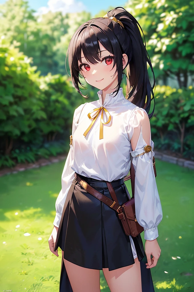(masterpiece; best quality: 1.2), (finely detailed eyes: 1.3), ((10 year old female ???)), ((solo)), (red eyes: 1.4), (body; short, slender, very small breasts: 1.3), (black hair in ponytail: 1.3), (beautiful and clear background: 1.2), ((depth of field)), (clothes: wanderer mage attire + white-and-gold wide-sleeve high-neck shirt + long black skirt + belts + traveler pouches and satchel: 1.3), (anime illustration: 1.2), (background; garden exterior: 1.1), (extremely fine and beautiful: 1.1), (shot composition; standing + centered on torso + close-up: 1.5), (expression; calm, smile: 1.2)