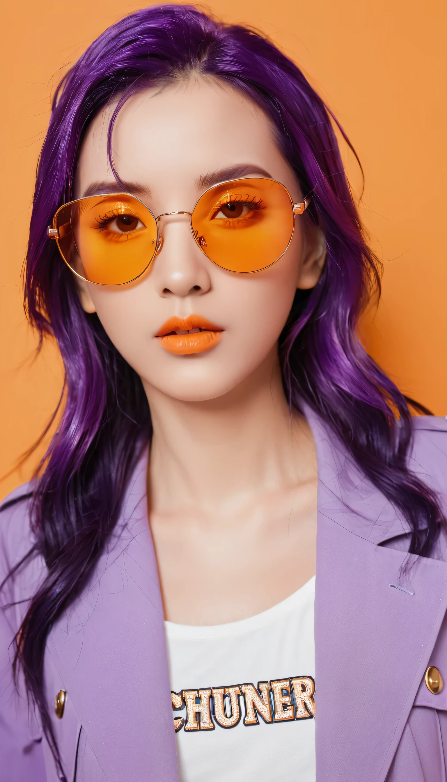 Thunder and lightning, Purple Hair, Purple Eyes, A girl wearing trendy orange sunglasses , Orange background, portrait