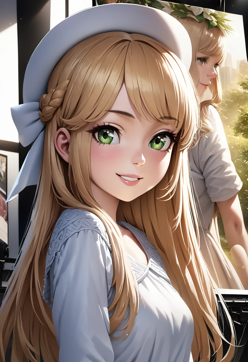 1girl, blonde hair, long hair, green eyes, white hat, white dress, pokemon, lillie (pokemon), cute, smiling, outdoors, sunlight, (best quality,4k,8k,highres,masterpiece:1.2),ultra-detailed,(realistic,photorealistic,photo-realistic:1.37),HDR,UHD,studio lighting,ultra-fine painting,sharp focus,physically-based rendering,extreme detail description,professional,vivid colors,bokeh,portraits