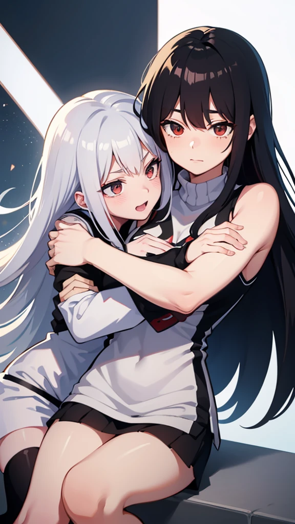 16 year old girl with long wavy white and black hair, hug from Bakugo from Boku No Hero Academia