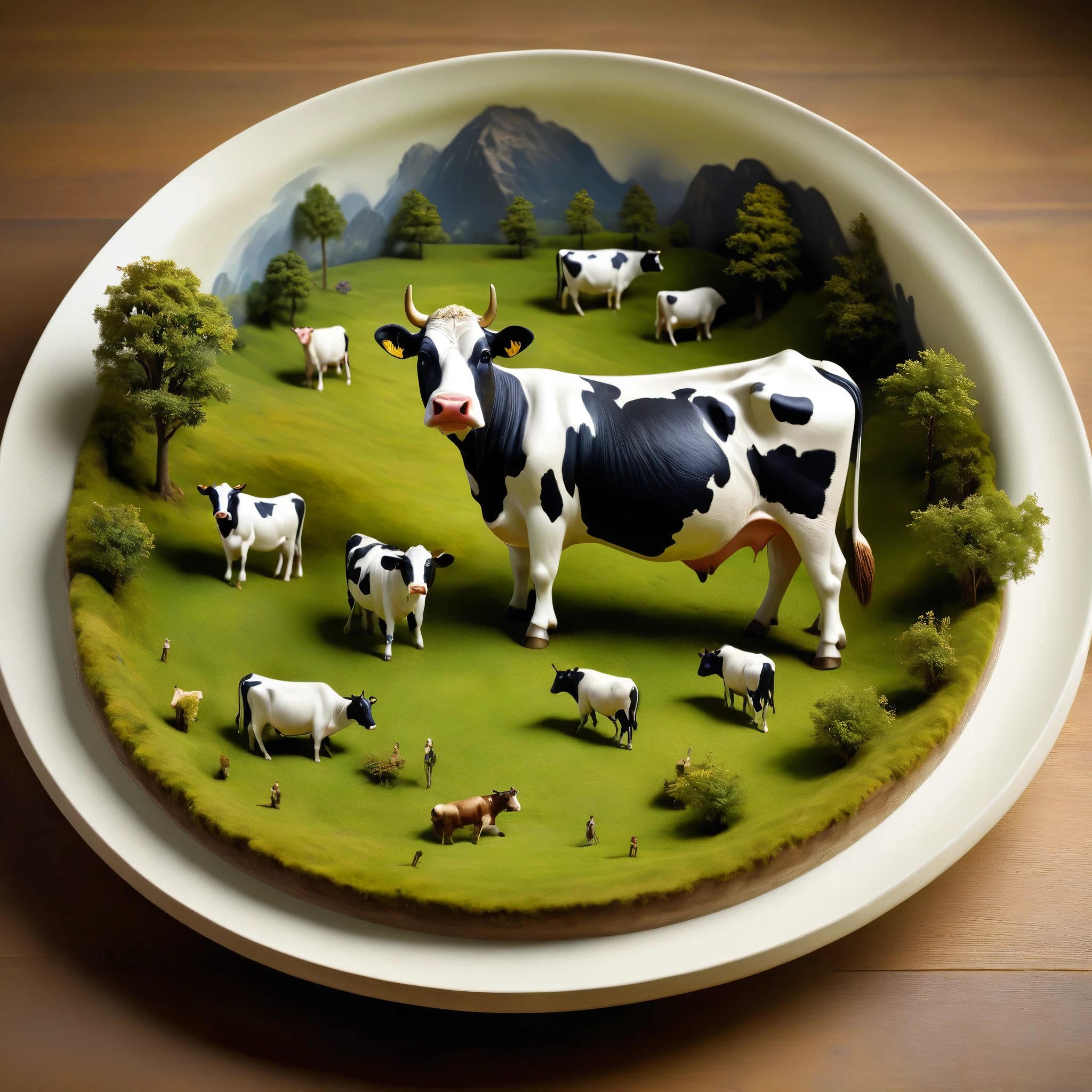 Diorama of a cow meadow, some cows, on round dish, surreal, high resolution, beautiful, highest quality, masterpiece, highly detailed