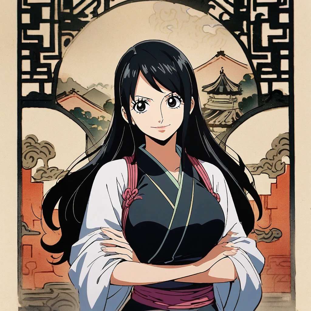 1girl, ((robin)), (robin from one piece  anime)) mature anime girl, 25 years old anime women, long_hair, black_eyes, black hair, solo, ((black_hair)), looking_at_viewer, breasts, upper_body, bangs, sash, long_sleeves, cross arms, Chinese architectureal background, 