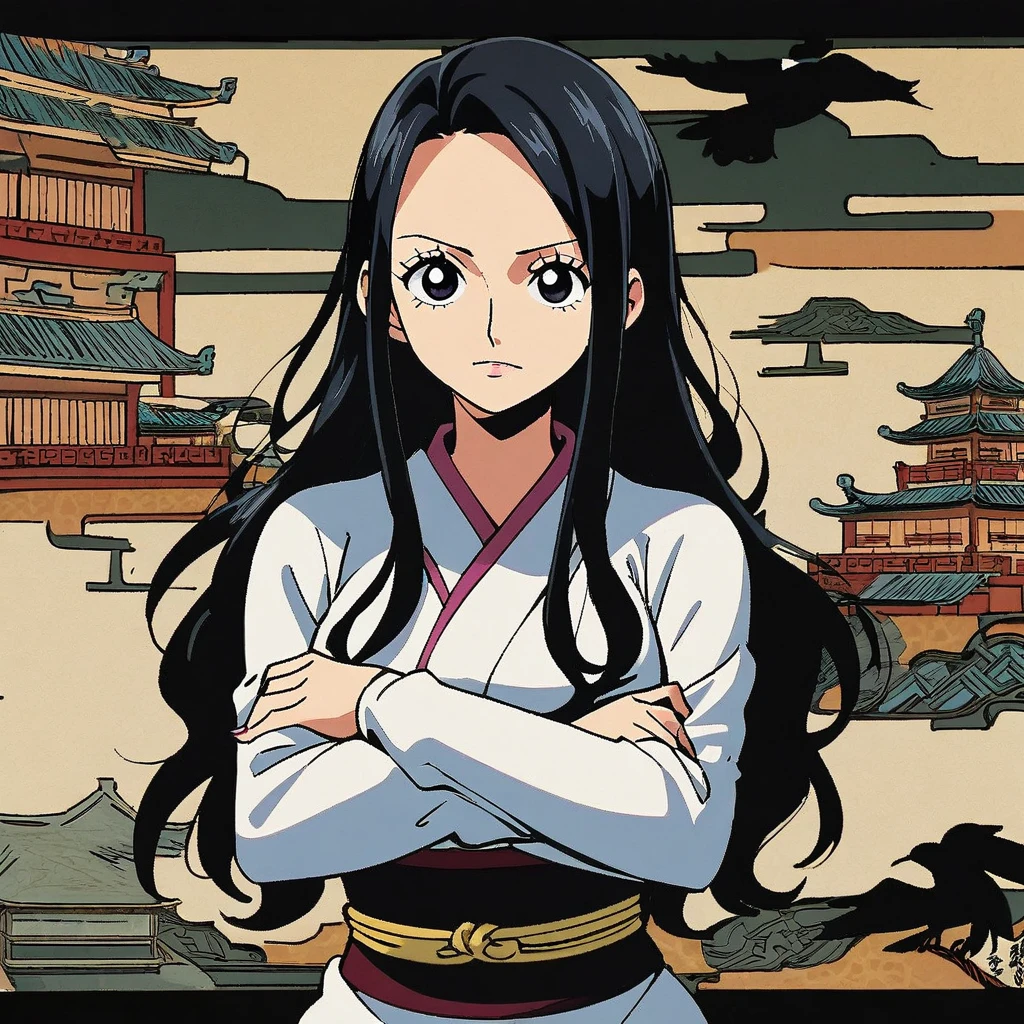 1girl, ((robin)), (robin from one piece  anime)) mature anime girl, 25 years old anime women, long_hair, black_eyes, black hair, solo, ((black_hair)), looking_at_viewer, breasts, upper_body, bangs, sash, long_sleeves, cross arms, Chinese architectureal background, 