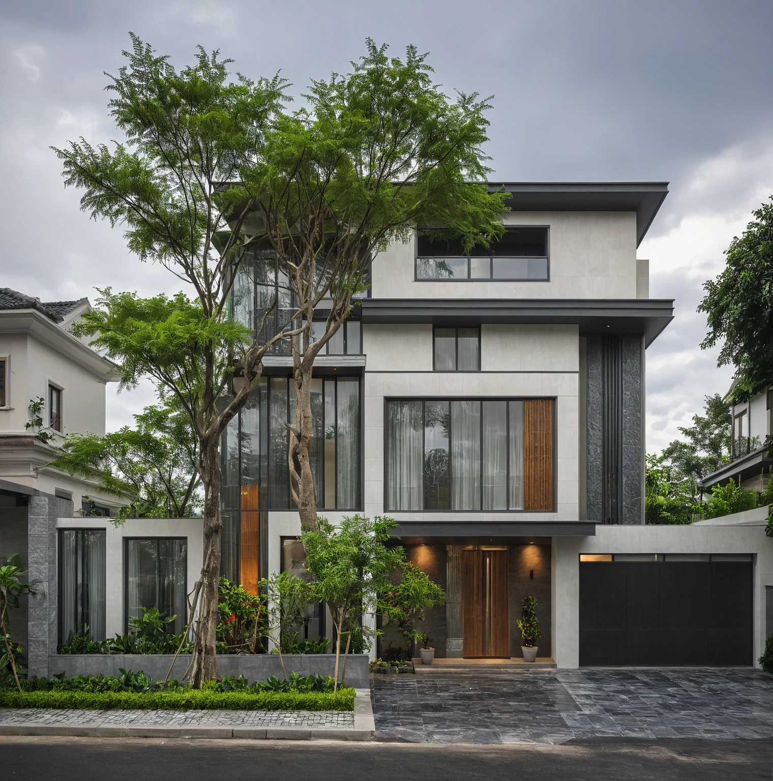 modern villa on street, (overcast lighting:1.2), tropical tree, vivid color, streetcapes, nice sky, grey and wwhite tone, (large glass door:1.2), warm interior lighting, modern material, best quality, ultra realistic, masterpiece, 17ArchiAI_XL_VL-v1