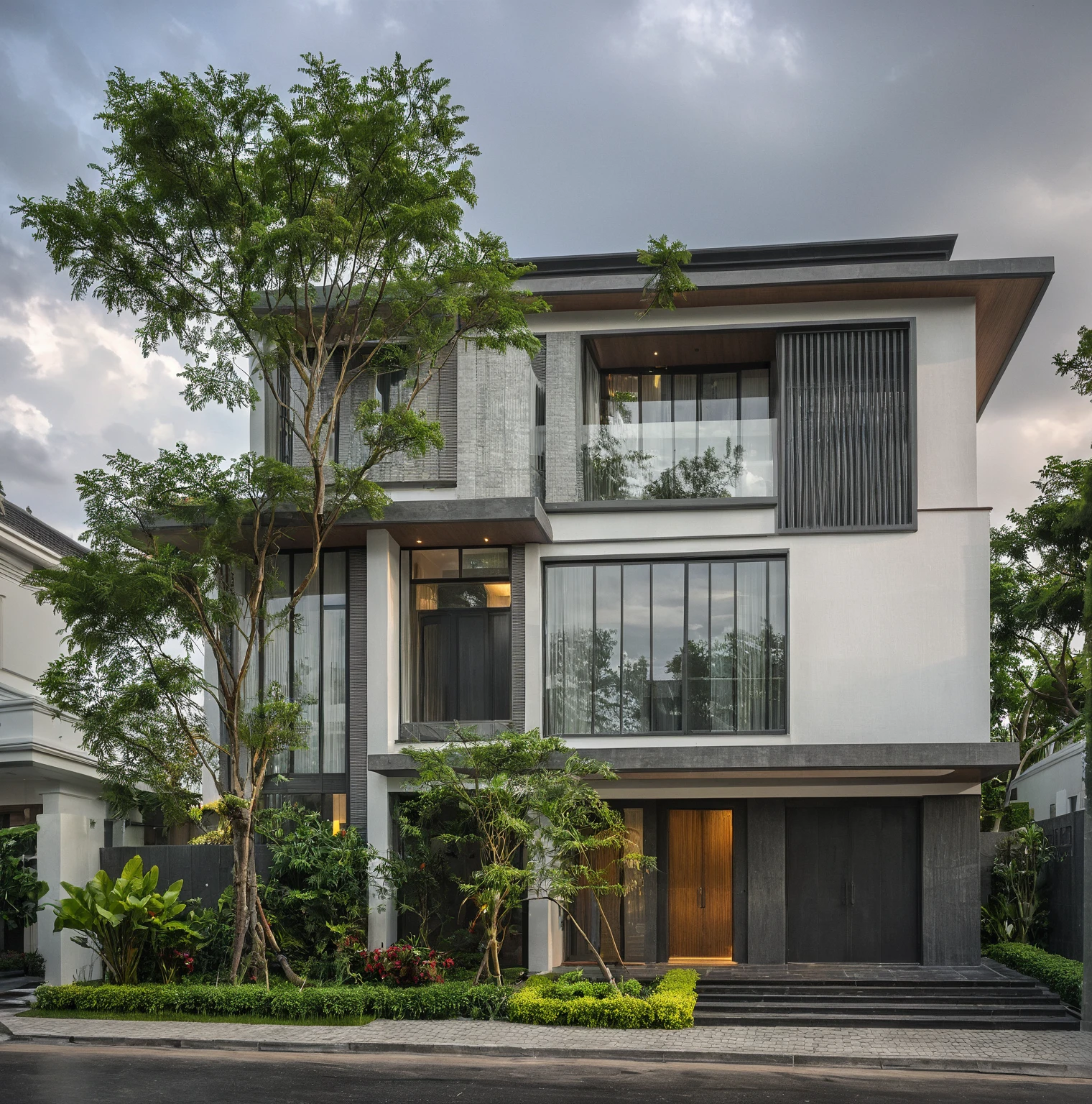 modern villa on street, (overcast lighting:1.2), tropical tree, vivid color, streetcapes, nice sky, grey and wwhite tone, (large glass door:1.2), warm interior lighting, modern material, best quality, ultra realistic, masterpiece, 17ArchiAI_XL_VL-v1
