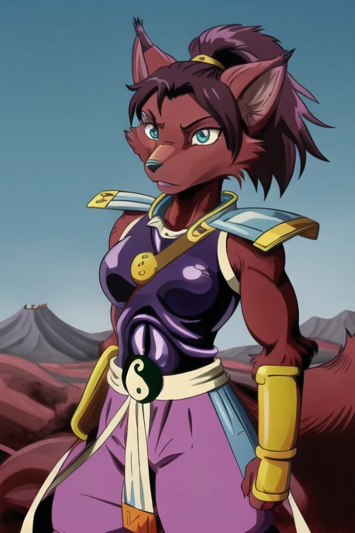 Ninjara_TMNT, fox, furry, solo, crimson fur, crimson body, ponytail, armor, yin yang ,yin yang belt, purple pants, shoulder pads, shoulder armor, steel bracelets, hair tie, blue eyes, tokyo, best quality, masterpiece